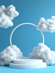 White podium with fluffy clouds and golden circle on light blue background for product display