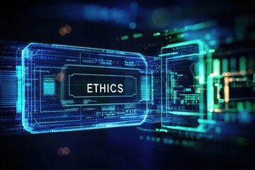 Digital representation of the concept of ethics in technology with glowing graphics.