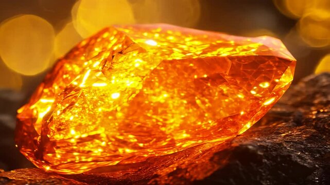 Two vibrant orange fire opals rest on dark rocks, illuminated by warm, golden bokeh lights. The gems glow with inner fire, showcasing their translucent beauty