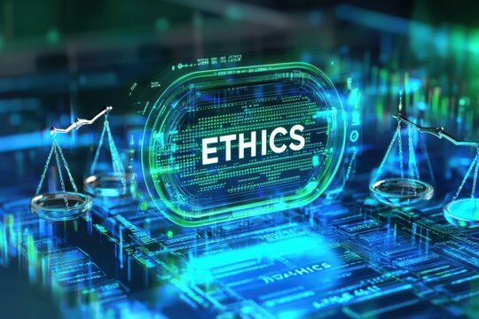 Digital illustration emphasizing ethics with scales and a tech background.