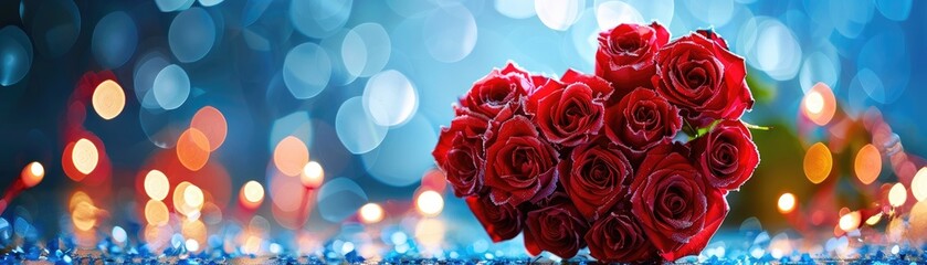Obraz premium Red Roses Heart Shape With Abstract Defocused Lights - Valentines Day Card. MZ