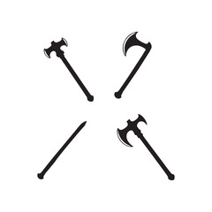 Medieval battle axes, black silhouettes  double-bladed axes, intricate details, sharp edges, warrior equipment, gothic style