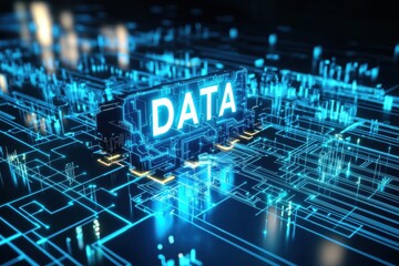 Fototapeta premium Futuristic digital representation of data with glowing circuitry elements.