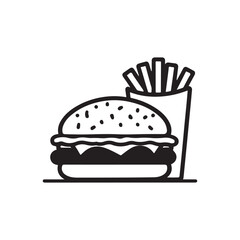 Fast food icon, minimalist design, black and white graphic, hamburger silhouette, french fries container