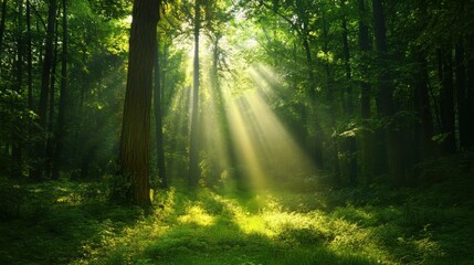 Serene Sunlight Breaking Through Green Forest Canopy and Leaves