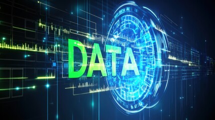 Digital representation of data with a futuristic design featuring glowing elements and the word "DATA.