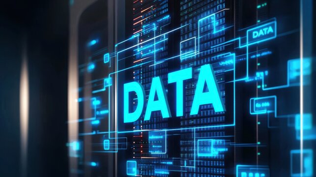 Visual representation of data processing with vibrant blue text on a digital interface.