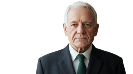 Serious senior businessman making eye contact on transparent background