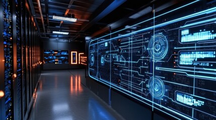 Futuristic data center with illuminated panels and sleek design showcasing technology and digital interfaces.