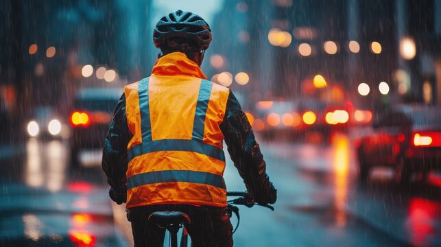 Cyclist wearing orange vest rides in rainy city street with blurred traffic lights