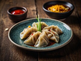 Steamed Dumplings Garnished with Green Onions and Sauce on a Wooden Table Family Meal Presentation