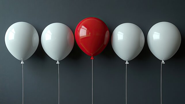 A vibrant image featuring a single red balloon floating prominently above a line of pale blue balloons.