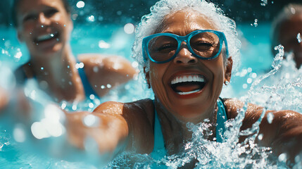 Senior women reveling in an aqua fit class. AQUAGYM
