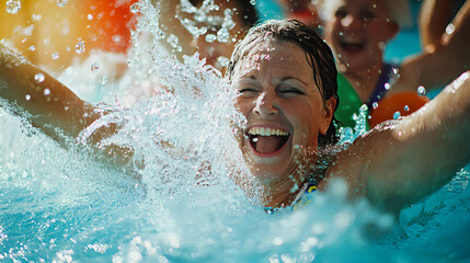 Senior women reveling in an aqua fit class. AQUAGYM