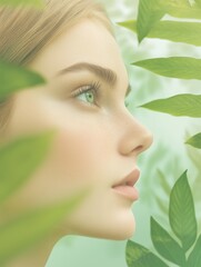 Fototapeta premium Profile view of a young Caucasian woman with green eyes framed by soft leaves in a natural setting. Concept of natural beauty and harmony with nature