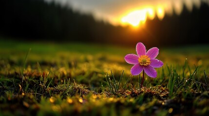 Beautiful Pink Flower Blooming in Sunlit Meadow at Sunset