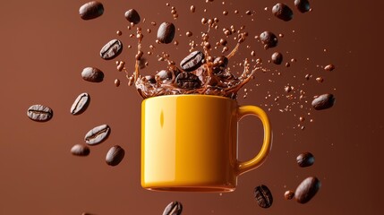 A creative display of coffee action with a yellow mug, splashes, and floating beans, set against a warm and inviting brown background.