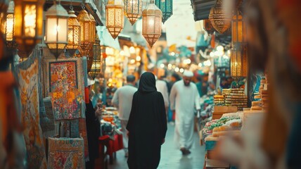 Obraz premium A bustling Eid al-Fitr market filled with colorful lanterns, festive decorations, and sweets, where people shop for gifts and traditional delights.