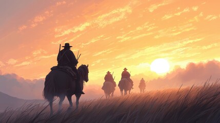 Fototapeta premium Settling on the American Frontier in the 19th Century: A Journey into the Expansive Wilderness at Sunset