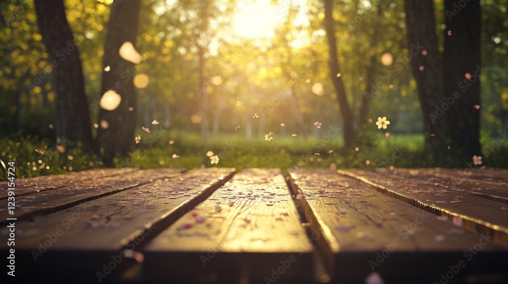 Poster sunlight breaks through the branches of trees during a vibrant spring day, illuminating a wooden pod