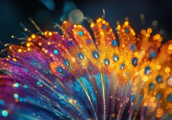 Vibrant Feather Detail in Macro Photography with Iridescent Colors and Dreamy Bokeh Background in Artistic Lighting Arrangement
