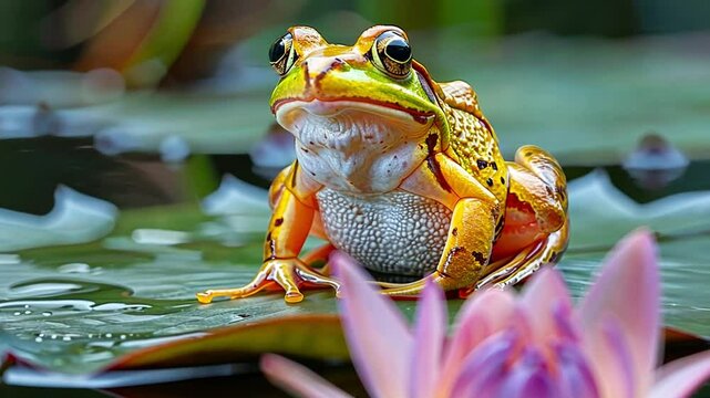 a frog on a lotus leaf in a swamp footage