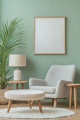 Cozy living room setup featuring a modern gray armchair, coffee table, elegant lamp, greenery, and a blank frame for personalized decor. Interior design concept.