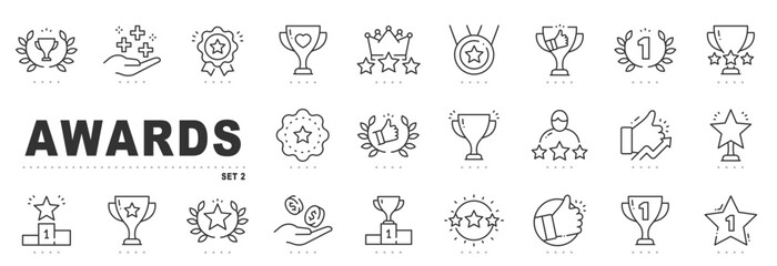 Set of award related line icons. Medal, reward, prize, trophy etc. Editable stroke. Set 2
