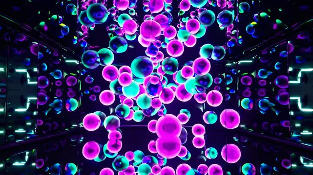 Colorful, glowing, translucent bubbles float and bounce in a dark, mirrored room illuminated by neon lights, creating a vibrant and surreal atmosphere