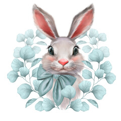 White Rabbit portrait with blue leaves. Easter art print. Hand drawn bunny illustration