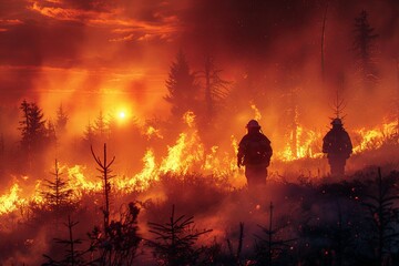 Fototapeta premium Sunset Behind Firefighters in Action