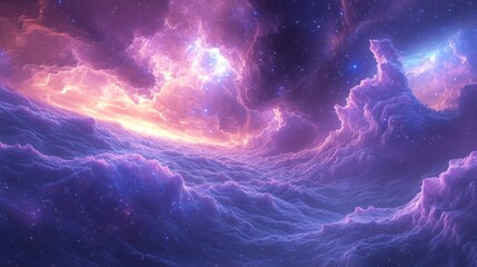 Fototapeta premium Majestic cosmic clouds: vibrant purple and pink nebula with starry sky and ethereal atmosphere