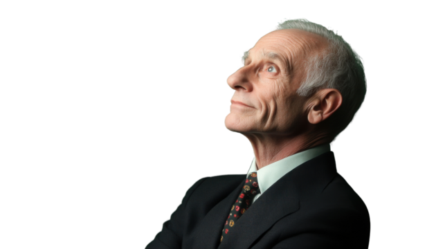 Senior businessman looking up with transparent background