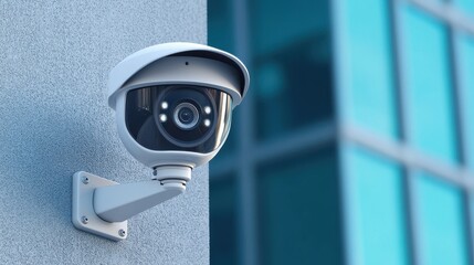 A sleek surveillance camera mounted on a wall, overlooking a modern building with large glass windows.