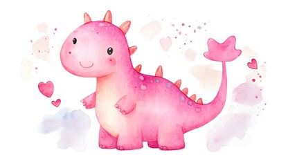 Obraz premium Adorable Pink Dinosaur Watercolor Illustration with Hearts