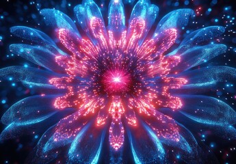 Vibrant Neon Flower with Glowing Petals and Sparkling Particles in a Dark Background, Abstract Floral Design for Modern Art Lovers