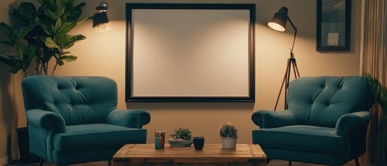 Cozy living room setup featuring two teal sofas, a wooden coffee table, plants, and an empty wall space perfect for adding artwork or decorations. Interior design.