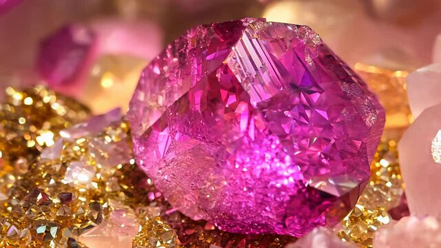 Close up view of a vibrant pink tourmaline gemstone surrounded by smaller pink and gold crystals. The main stone is multifaceted and displays intense color and