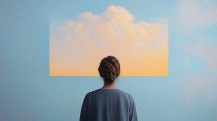 A Woman Contemplating a Bright Sky Mural That Radiates Creativity and Imagination in a Serene Atmosphere