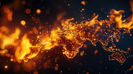 Abstract Representation of World Map with Fiery Particles and Glow