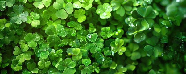 Green clover leaves natural background. shamrocks, symbol of St.Patrick's day. 17 march holiday concept. banner. flat lay. copy space. MZ