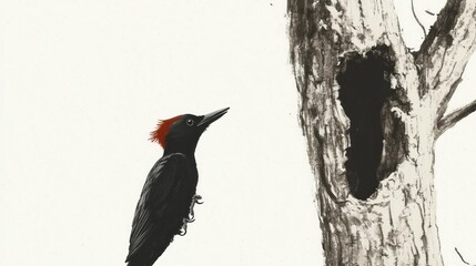 Black woodpecker near nest hole in tree, nature wildlife