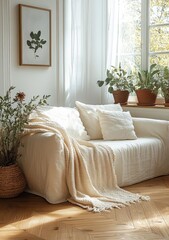 Cozy Minimalistic Scandinavian Living Room with Natural Light and Wooden Flooring