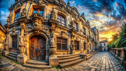 Naklejka premium Panoramic View of Aged Building's Intricate Bas-Relief Architectural Detail