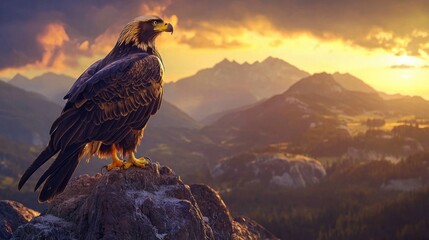 Fototapeta premium Majestic Eagle at Golden Hour, A breathtaking view of a golden eagle perched atop a rock