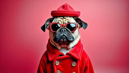 Pug Dog Wearing a Red Hat and Bowtie