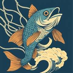 Vibrant Vector Illustration of a Fish and Fishing Net
