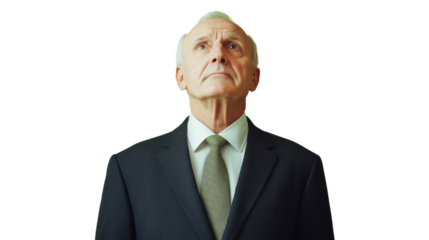 Senior businessman looking up on transparent background