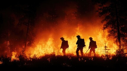Fototapeta premium Firefighters Battling Wildfire in Dense Forest During Nighttime
