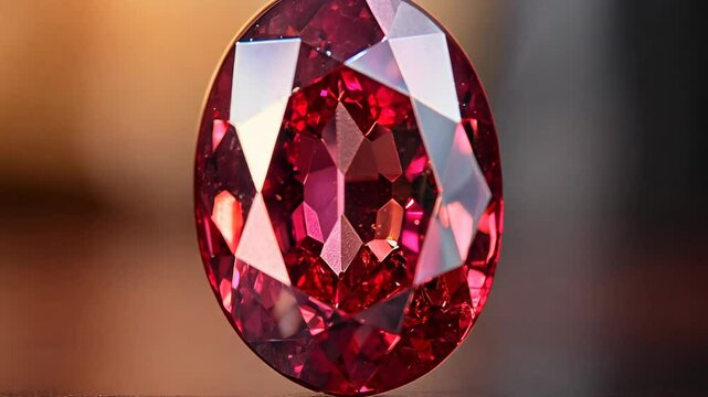Close up view of three vibrant red spinel gemstones, showcasing their rich color and intricate facets against a blurred, warm background